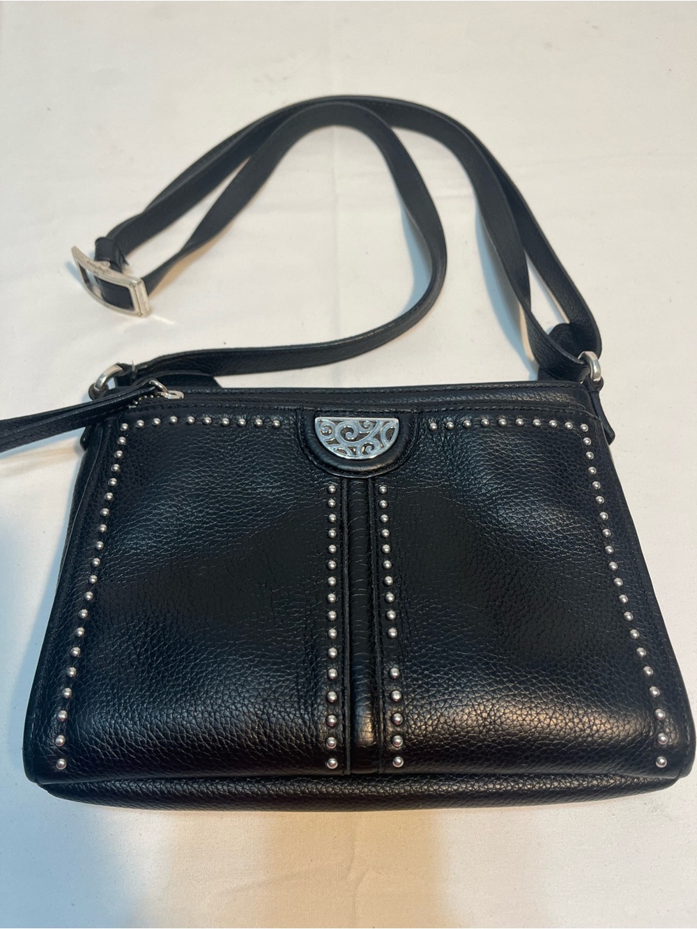 Brighton Black Leather Crossbody with Silver Stud Accents